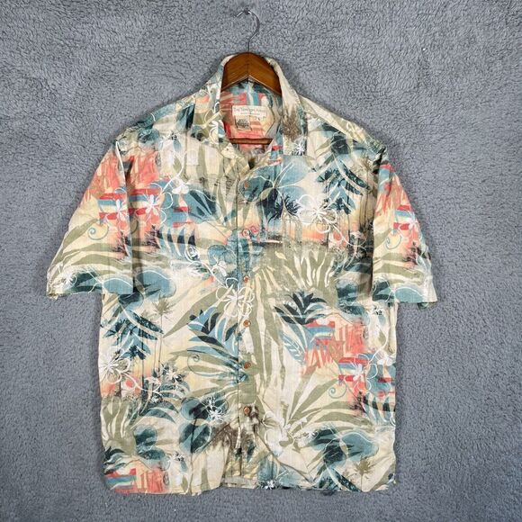The Territory Ahead Shirt Men's Large Beige Green Blue Floral Button Up Hawaiian - Picture 1 of 8